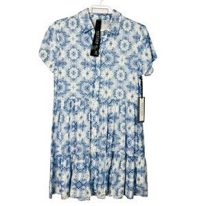 NWT Motion Blue& White Button Front Ruffle Pattern Midi Dress Women Size S